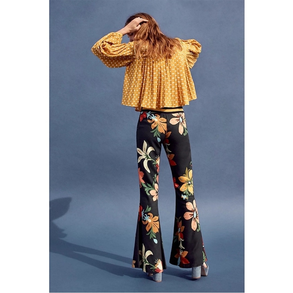 Farm Rio Calla Flared Pants Black Floral Size XS Anthropologie - Picture 10 of 14